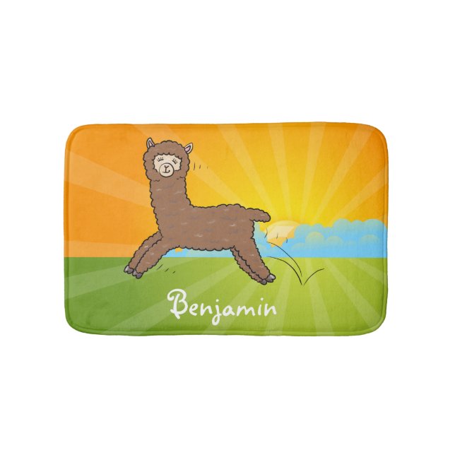Cute happy brown alpaca cartoon bath mat (Front)