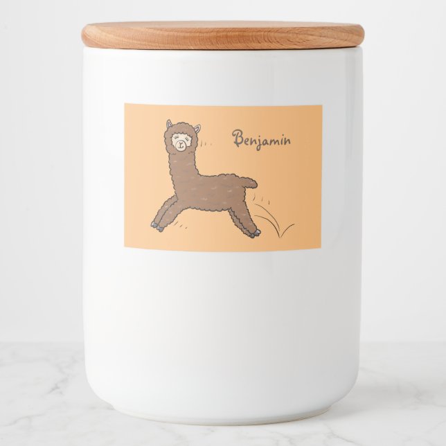 Cute happy brown alpaca cartoon food label (Front)