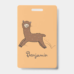 Cute happy brown alpaca cartoon ID badge