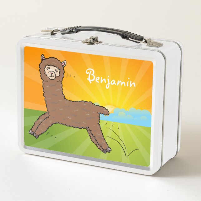 Cute happy brown alpaca cartoon metal lunch box (Front)