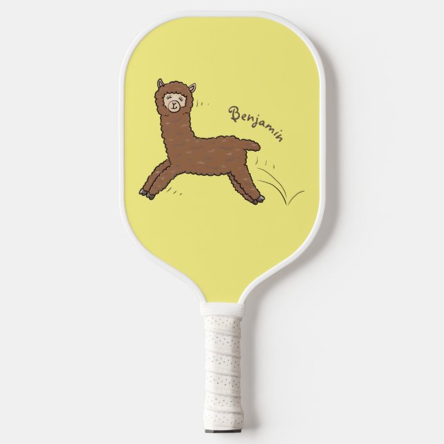 Cute happy brown alpaca cartoon pickleball paddle (Front)