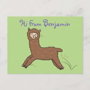 Cute happy brown alpaca cartoon postcard