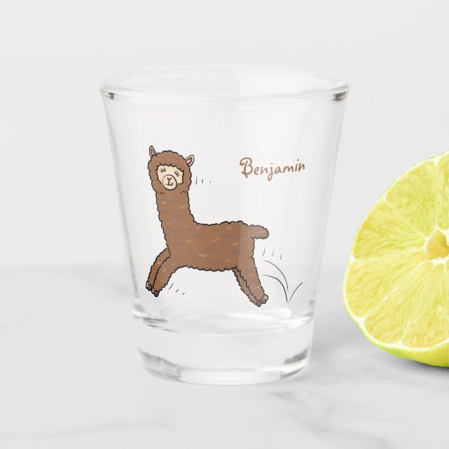 Cute happy brown alpaca cartoon shot glass (Front)
