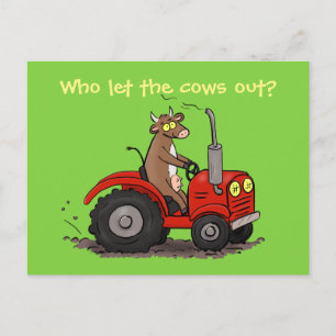 Cute happy brown cow driving tractor cartoon postcard