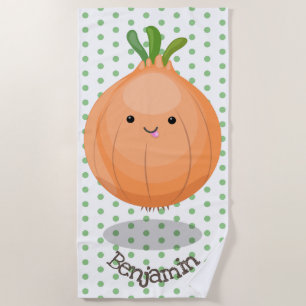 Cute happy brown onion green cartoon illustration beach towel