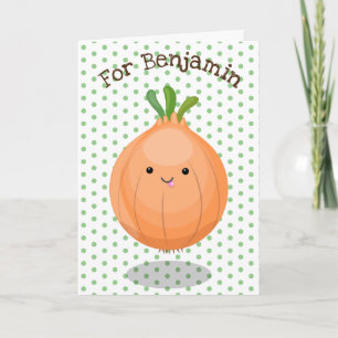 Cute happy brown onion green cartoon illustration card