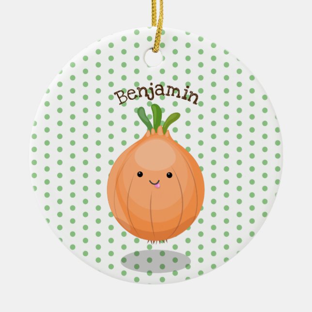 Cute happy brown onion green cartoon illustration ceramic ornament (Front)