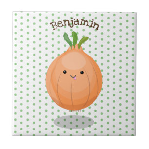 Cute happy brown onion green cartoon illustration ceramic tile