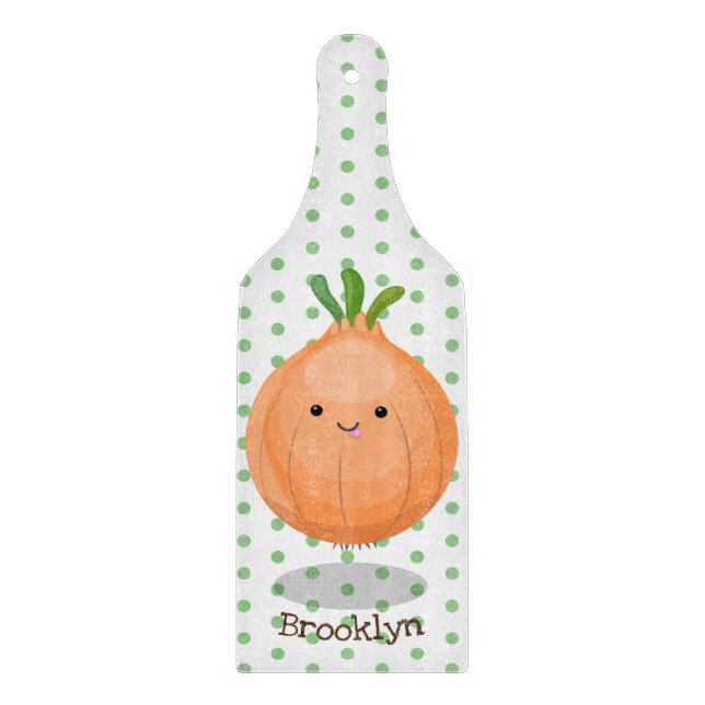 Cute happy brown onion green cartoon illustration cutting board (Front)