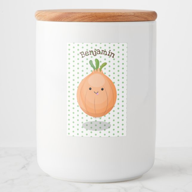 Cute happy brown onion green cartoon illustration food label (Front)