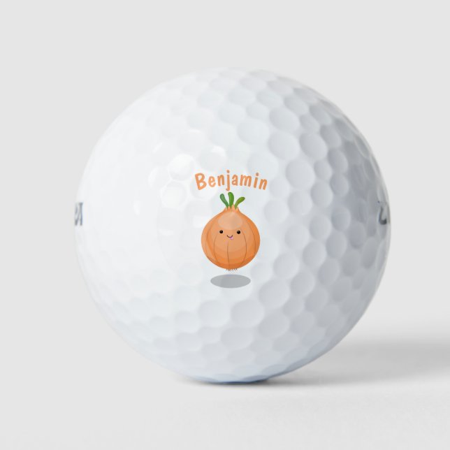 Cute happy brown onion green cartoon illustration golf balls (Front)