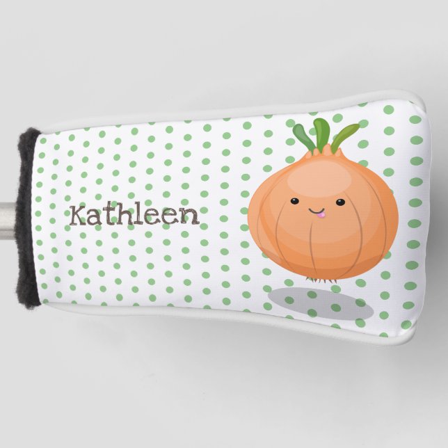 Cute happy brown onion green cartoon illustration golf head cover (Front)