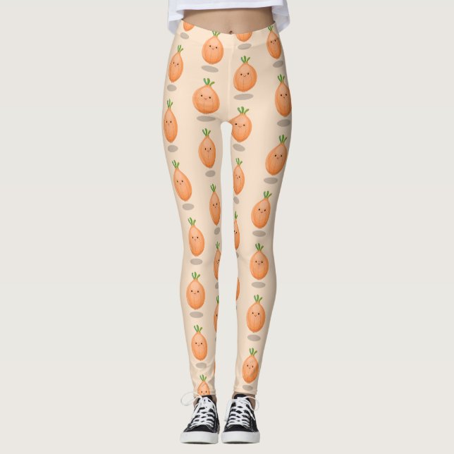 Cute happy brown onion green cartoon illustration leggings (Front)