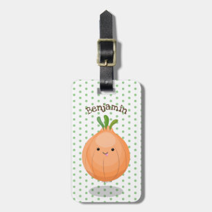 Cute happy brown onion green cartoon illustration luggage tag