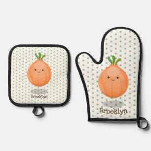 Cute happy brown onion green cartoon illustration oven mitt & pot holder set