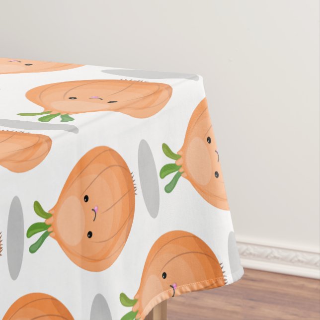 Cute happy brown onion green cartoon illustration tablecloth (In Situ)