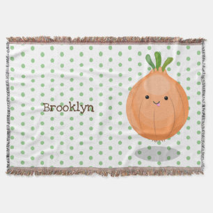 Cute happy brown onion green cartoon illustration throw blanket