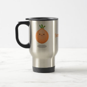 Cute happy brown onion green cartoon illustration travel mug