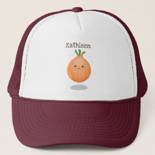 Cute happy brown onion green cartoon illustration trucker hat