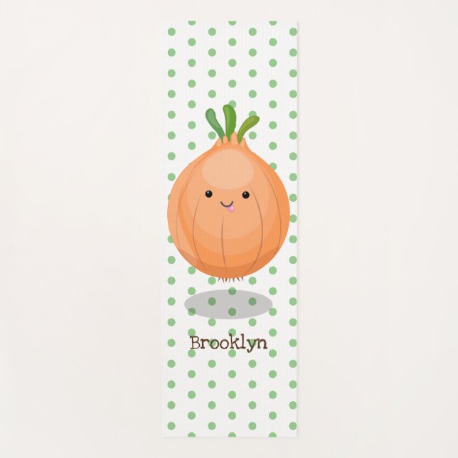 Cute happy brown onion green cartoon illustration yoga mat (Front)