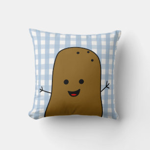 Cute Happy Brown Potato Blue Gingham Cushion