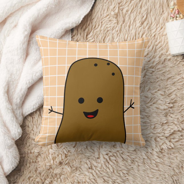 Cute Happy Brown Potato Peach White Grid Cushion (Blanket)