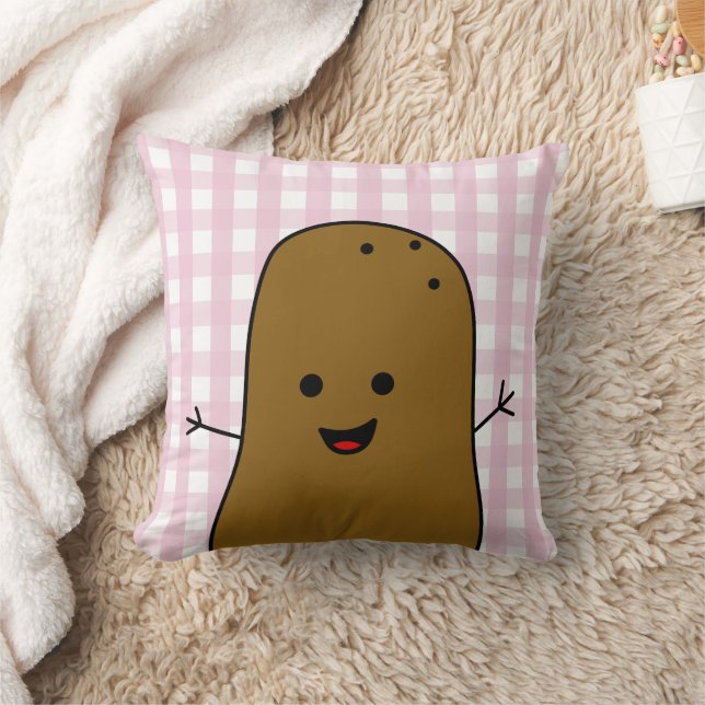 Cute Happy Brown Potato Pink Gingham Cushion (Blanket)