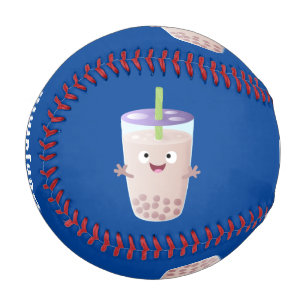 Cute happy bubble tea boba cartoon character baseball