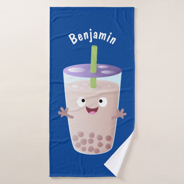 Cute happy bubble tea boba cartoon character  bath towel set (Bath Towel)