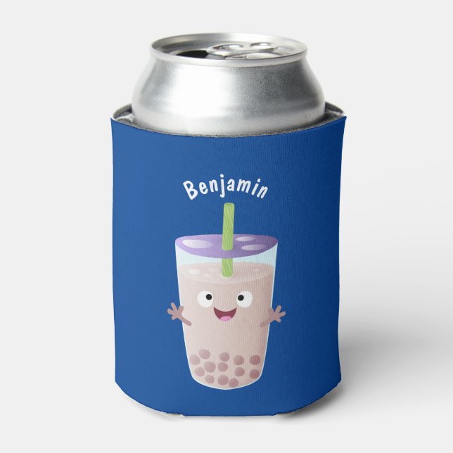 Cute happy bubble tea boba cartoon character can cooler (Can Front)