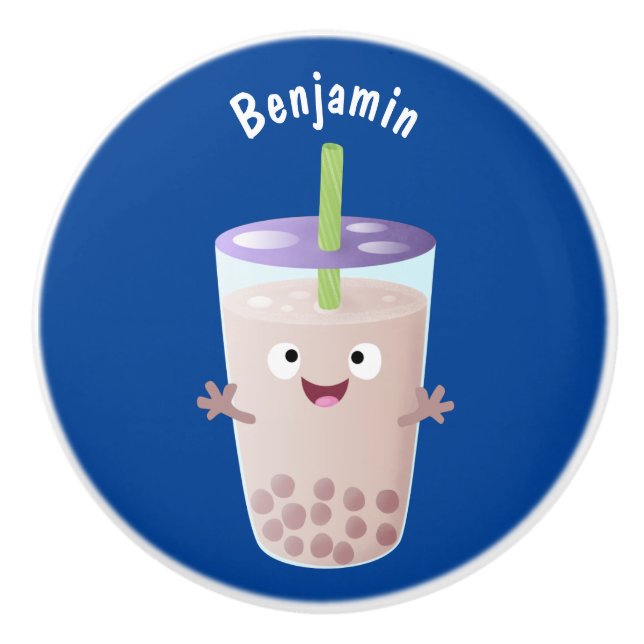 Cute happy bubble tea boba cartoon character ceramic knob (Front)