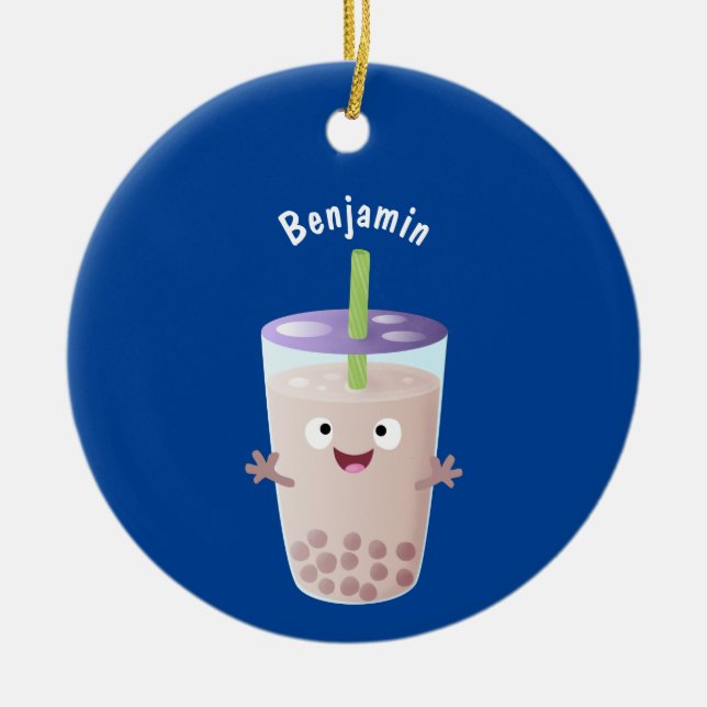 Cute happy bubble tea boba cartoon character ceramic ornament (Front)
