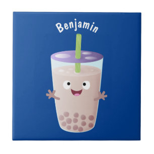 Cute happy bubble tea boba cartoon character ceramic tile