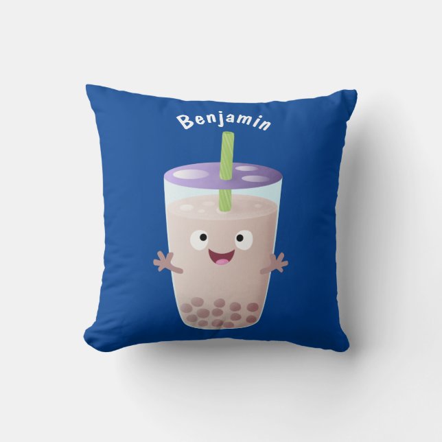 Cute happy bubble tea boba cartoon character  cushion (Front)