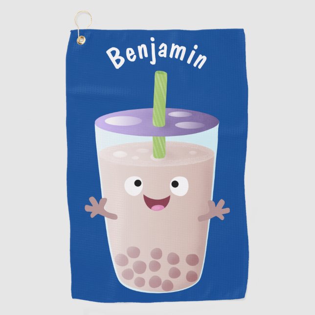Cute happy bubble tea boba cartoon character golf towel (Front)