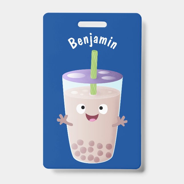 Cute happy bubble tea boba cartoon character ID badge (Front)