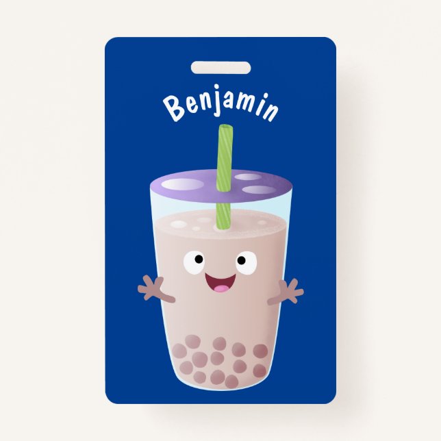 Cute happy bubble tea boba cartoon character ID badge (Front)