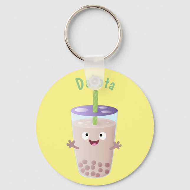 Cute happy bubble tea boba cartoon character key ring (Front)