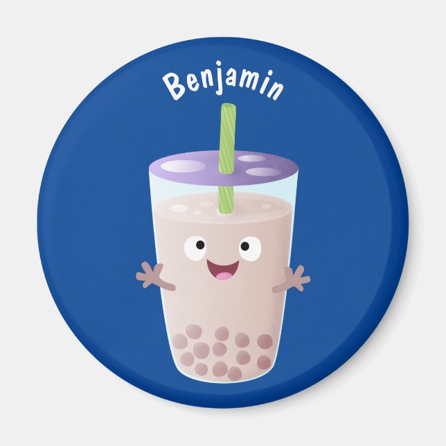 Cute happy bubble tea boba cartoon character magnet (Front)