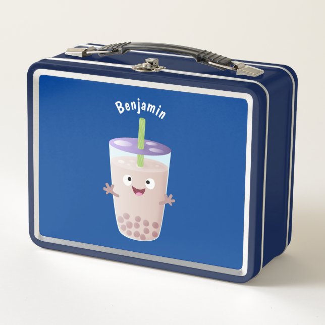 Cute happy bubble tea boba cartoon character metal lunch box (Front)