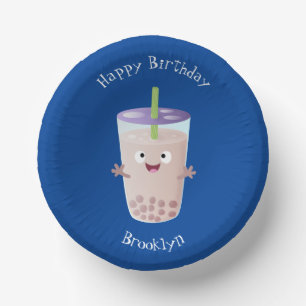 Cute happy bubble tea boba cartoon character paper plate