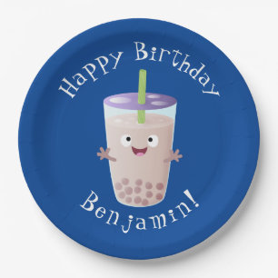 Cute happy bubble tea boba cartoon character paper plate