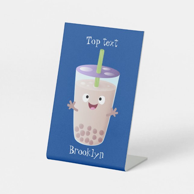 Cute happy bubble tea boba cartoon character pedestal sign (Front)