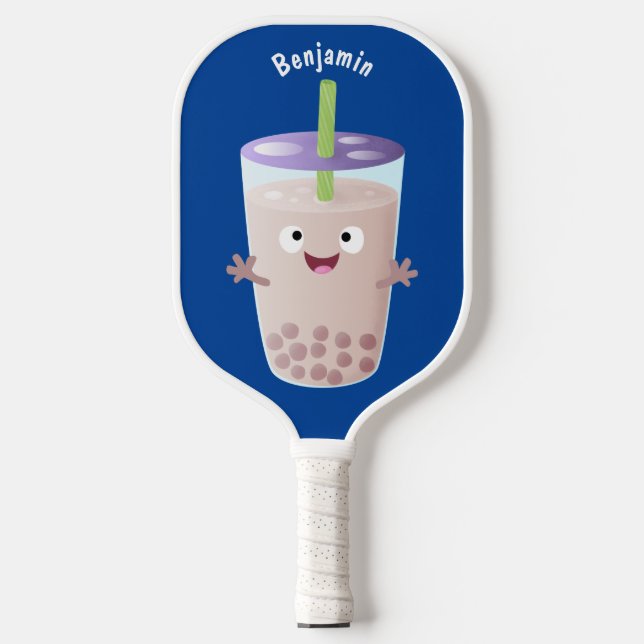 Cute happy bubble tea boba cartoon character pickleball paddle (Front)