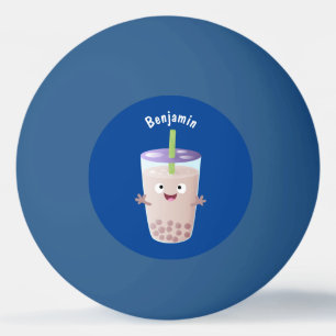 Cute happy bubble tea boba cartoon character ping pong ball