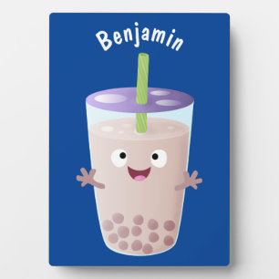 Cute happy bubble tea boba cartoon character plaque