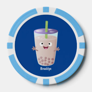 Cute happy bubble tea boba cartoon character  poker chips