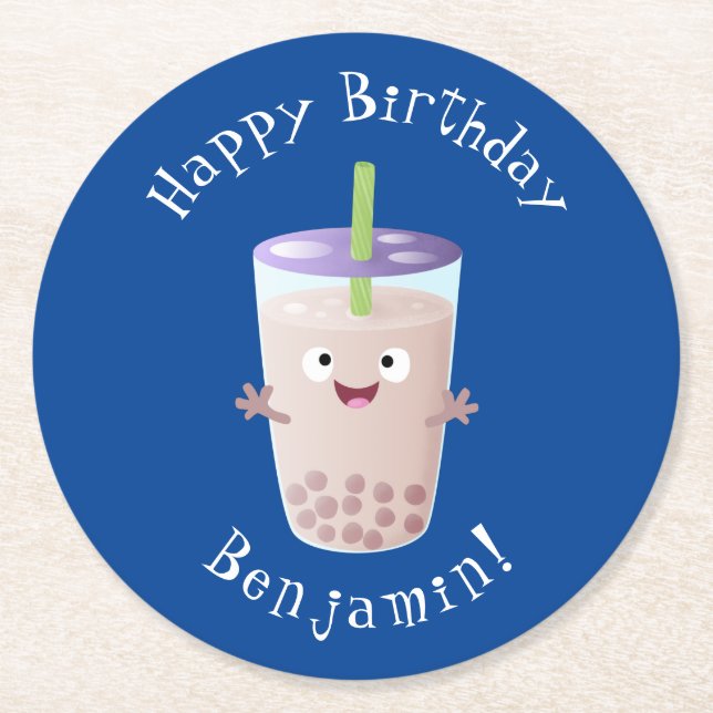 Cute happy bubble tea boba cartoon character  round paper coaster (Front)