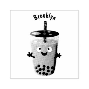 Cute happy bubble tea boba cartoon character rubber stamp