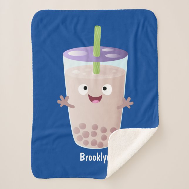 Cute happy bubble tea boba cartoon character  sherpa blanket (Front)